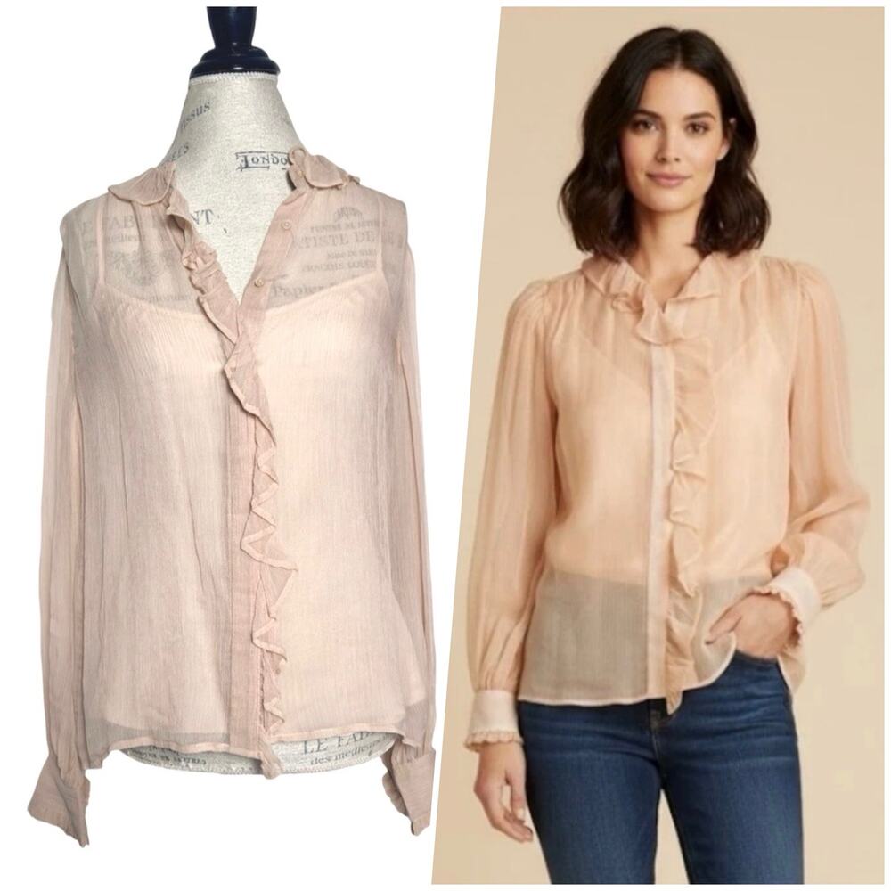 J. Crew | Women | Tan Ruffle Sheer Crinkle Chiffon Button Up Blouse | Sz 2